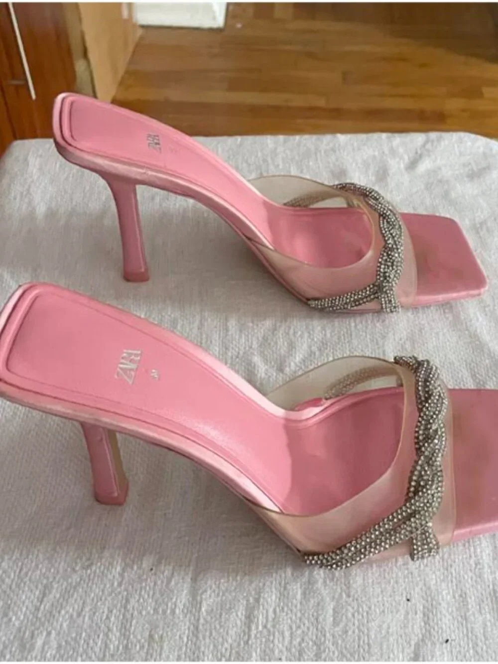 Zara Pink Rhinestone Mule Heels | Square Toe Slip-On Stiletto Sandals - Picture 6 of 8